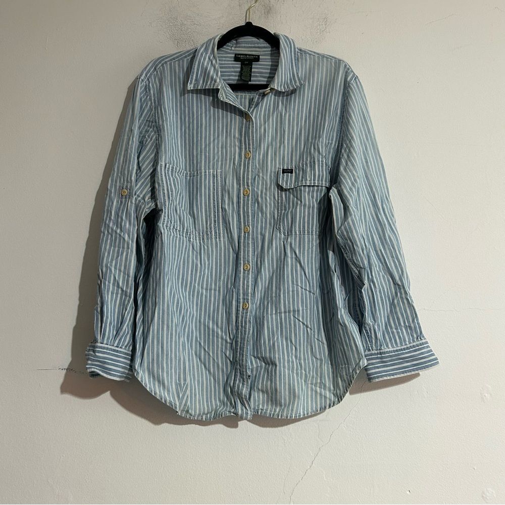 Ralph Lauren Jeans Blue White Striped Cotton Button Up Shirt 2X Preppy Coastal